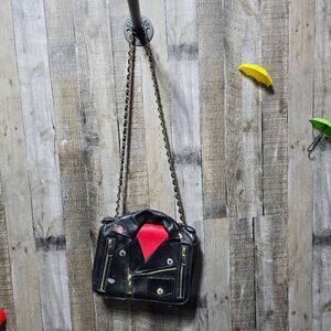 Vintage Black Leather Jacket Inspired Moto Biker Crossbody Purse